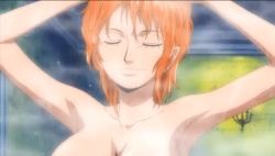 Rule 34 | 1girl, breasts, large breasts, nami (one piece), one piece, orange hair, shower, solo, thriller bark, wet, wet hair