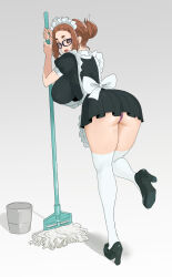 Rule 34 | 1girl, back bow, bow, breasts, brown eyes, bucket, commentary, english commentary, frilled skirt, frills, glasses, gradient background, hair bun, high heels, highres, holding, holding mop, kaii to otome to kamikakushi, large breasts, leg up, long hair, looking at viewer, looking back, maid, maid headdress, mop, ogawa sumireko, panties, shadow, short eyebrows, simple background, skirt, solo, standing, thighhighs, thighs, underwear, vanilla enjoyer