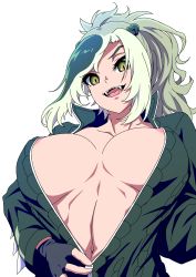 Rule 34 | 1girl, absurdres, areola slip, asymmetrical hair, black gloves, braid, breasts, breasts apart, collarbone, covered erect nipples, fangs, fingerless gloves, french braid, from below, full-length zipper, gloves, green eyes, green hair, green jacket, high ponytail, highres, jacket, kemono friends, large breasts, long hair, long sleeves, looking at viewer, looking down, mamiyama, multicolored hair, navel, no bra, open mouth, partially unzipped, saltwater crocodile (kemono friends), simple background, slit pupils, smile, solo, spiked jacket, spikes, stomach, teeth, toned, tongue, undressing, unzipping, upper body, v-shaped eyebrows, white background, zipper, zipper pull tab