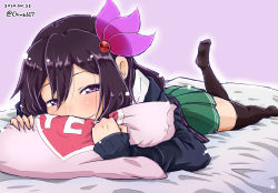 Rule 34 | 1girl, alternate hair color, black hair, black jacket, black thighhighs, chiwa (chiwa0617), commentary request, dated, green skirt, hair ornament, jacket, kantai collection, kisaragi (kancolle), kisaragi kai ni (kancolle), long hair, looking at viewer, lying, on stomach, one-hour drawing challenge, perspective, purple eyes, school uniform, skirt, solo, thighhighs, yes-no pillow