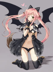 Rule 34 | 1girl, ;q, animal ears, bat wings, black thighhighs, boots, demon girl, dog ears, dog tail, dress, gloves, green eyes, grey background, heart, kneeling, lily (yano mitsuki), long hair, mitsuki, navel, one eye closed, open clothes, open dress, original, panties, pink hair, skindentation, smile, solo, tail, thighhighs, tongue, tongue out, twintails, underwear, very long hair, wings, yano mitsuki (nanairo)