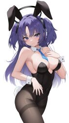 Rule 34 | 1girl, absurdres, bare shoulders, blue archive, blue eyes, highres, leotard, long hair, looking at viewer, meow nyang, playboy bunny, purple hair, simple background, solo, yuuka (blue archive)