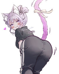 1girl :3 alternate_costume alternate_hairstyle animal_ears ass ass_shake bent_over bow cat_ears cat_tail commentary_request heart highres hololive hololive_grand_theft_auto long_sleeves looking_at_viewer looking_back nekomata_okayu pants plaid_clothes plaid_shirt purple_eyes purple_hair ringlets shirt sidelocks simple_background sleeves_rolled_up solo sonnamonaka tail tail_bow tail_ornament track_pants twerking two_side_up virtual_youtuber white_background