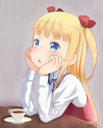 Rule 34 | 1girl, bad id, bad pixiv id, blonde hair, blue eyes, blush, character name, head rest, cup, jewelry, kyak bamboo, long hair, long sleeves, neck ribbon, necklace, original, red ribbon, ribbon, shirt, sitting, solo, table, teacup, two side up, viola ainsworth, white shirt