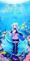 Rule 34 | 2girls, anklet, aqua hair, blue background, copyright name, coral, detached sleeves, fish, flower, grey eyes, hair flower, hair ornament, halterneck, highres, jewelry, light rays, long hair, looking at viewer, lowleg, lowleg shorts, mermaid, midriff, monster girl, multiple girls, outstretched arms, outstretched hand, pigeon-toed, pixiv fantasia, pixiv fantasia 5, seaweed, short shorts, shorts, smile, sparkle, spread arms, standing, sunbeam, sunlight, tensui (yumemoyou), thighhighs, underwater, very long hair, whale