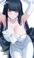 Rule 34 | 1girl, absurdres, armpits, black hair, blue archive, blue eyes, blue hair, blue halo, blush, breasts, choker, cleavage, closed mouth, colored inner hair, commentary, deras, dress, earrings, elbow gloves, english commentary, gloves, hair ornament, halo, highres, jewelry, large breasts, long hair, looking at viewer, mixed-language commentary, multicolored hair, official alternate costume, saori (blue archive), saori (dress) (blue archive), simple background, solo, strapless, strapless dress, white background, white choker, white dress, white gloves