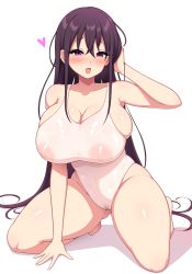 Rule 34 | 1girl, :d, aikome (haikome), arm between legs, bare legs, barefoot, blush, breasts, brown hair, cleavage, colored eyelashes, covered erect nipples, covered navel, curvy, female pubic hair, hair between eyes, half-closed eyes, hand in own hair, hand on own head, heart, highres, kneeling, large breasts, long hair, looking at viewer, one-piece swimsuit, open mouth, original, pubic hair, purple eyes, school swimsuit, see-through swimsuit, sidelocks, simple background, skindentation, smile, solo, swimsuit, taut clothes, taut swimsuit, thighs, very long hair, white background, white one-piece swimsuit