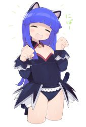 Rule 34 | 1girl, :d, aioi u, animal ears, bare shoulders, black sleeves, black tail, blue hair, blunt bangs, blush, cat ears, cat girl, cat tail, clenched hands, closed eyes, covered navel, cropped legs, detached collar, detached sleeves, furude rika, hands up, highres, higurashi no naku koro ni, hime cut, legs together, long hair, long sleeves, nipa~, open mouth, paw pose, round teeth, showgirl skirt, sidelocks, simple background, sleeve cuffs, smile, solo, straight hair, tail, teeth, white background