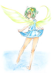 Rule 34 | 1girl, ass, bad id, bad pixiv id, bare legs, barefoot, beniyaorin, bow, clothes lift, daiyousei, fairy wings, female focus, from behind, green hair, hair bow, kneepits, legs, looking back, marker (medium), nib pen (medium), side ponytail, skirt, skirt lift, solo, surprised, touhou, traditional media, walking, walking on liquid, water, wings, yellow eyes