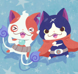 Rule 34 | 10s, blue background, buchinyan, cape, cat, chuno, fangs, flame-tipped tail, fuyunyan, multiple tails, no humans, notched ear, open mouth, red cape, scar, star (symbol), tail, two tails, traditional youkai, youkai watch, youkai watch 2