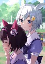 Rule 34 | 2girls, :d, ^ ^, animal ears, black bow, black hair, blue eyes, blue shirt, blue sky, bow, closed eyes, closed mouth, cloud, commentary request, day, closed eyes, fence, flower, fuji fujino, grey hair, hair flower, hair ornament, hairband, hairclip, hand up, highres, horse ears, multiple girls, nishino flower (umamusume), open mouth, outdoors, pink hairband, pleated skirt, puffy short sleeves, puffy sleeves, seiun sky (umamusume), shirt, short hair, short sleeves, skirt, sky, smile, umamusume, upper body, white skirt, yellow flower