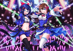 Rule 34 | 2girls, :d, ;d, a-chan (hololive), absurdres, ascot, asymmetrical sleeves, belt, black-framed eyewear, black bow, black legwear, blue eyes, blue footwear, blue hair, blue jacket, blue shorts, blue skirt, boots, bow, breasts, bridal garter, brown hair, ceiling light, chain, cleavage, collared shirt, commentary request, crop top, cropped jacket, crowd, detached collar, frilled sleeves, frills, glasses, gloves, glowstick, groin, hair ornament, hair ribbon, half updo, hands up, head tilt, highres, holding, holding microphone, hololive, jacket, juliet sleeves, lace trim, leg up, long sleeves, medium breasts, microphone, midriff, mikannsisyou, miniskirt, mismatched sleeves, multiple girls, navel, neon lights, one eye closed, open clothes, open jacket, open mouth, outstretched hand, pleated skirt, pocket watch, puffy sleeves, red ascot, red ribbon, ribbon, semi-rimless eyewear, shirt, short hair, short ponytail, short shorts, shorts, sidelocks, single thighhigh, skirt, small breasts, smile, stage lights, star (symbol), star hair ornament, stomach, striped, striped bow, teeth, thighhighs, tokino sora, under-rim eyewear, underbust, upper teeth only, virtual youtuber, watch, white gloves, white legwear, white shirt, wide sleeves, wing collar, zettai ryouiki