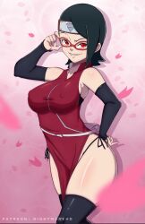 Rule 34 | 1girl, alternate breast size, blue hair, boruto: naruto next generations, breasts, fingerless gloves, glasses, gloves, headband, highres, large breasts, legs, lip biting, looking at viewer, naruto (series), naughty face, nightmare hdraw, red eyes, short hair, smile, solo, thick thighs, thighs, thong, uchiha sarada