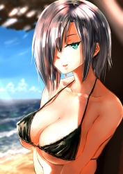 Rule 34 | 1girl, aqua eyes, bare shoulders, breasts, chen bingyou, cleavage, collarbone, girls&#039; frontline, hair over one eye, highres, large breasts, light smile, lips, looking at viewer, mg5 (girls&#039; frontline), short hair, silver hair, solo, swimsuit