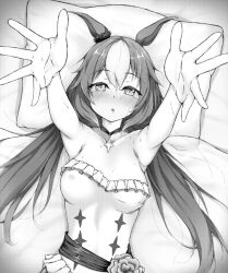 Rule 34 | 1girl, animal ears, bed, blush, breasts, collar, collarbone, commentary request, hair between eyes, hair ornament, horse ears, horse girl, long hair, low twintails, medium breasts, monochrome, mp4 46, pillow, reaching, reaching towards viewer, solo, twintails, umamusume, yamanin zephyr (umamusume)
