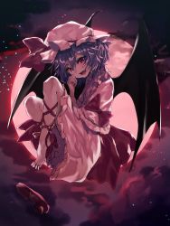 Rule 34 | 1girl, asuzemu, bat wings, fang, full body, hat, hat ribbon, high heels, highres, looking at viewer, mob cap, moon, night, night sky, open mouth, outdoors, red footwear, red moon, remilia scarlet, ribbon, shoes, short hair, single shoe, sky, smile, solo, star (sky), starry sky, touhou, wings