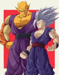 Rule 34 | 2boys, antennae, baggy pants, biceps, black sash, black wristband, border, bure (fantasticyouth7), clenched hand, colored skin, commentary request, dougi, dragon ball, dragon ball super, dragon ball super super hero, gohan beast, grey hair, hands on own hips, highres, large pectorals, looking at another, looking down, looking up, male focus, multiple boys, muscular, muscular male, namekian, no eyebrows, orange piccolo, orange skin, outside border, pants, parted lips, pectorals, piccolo, pointy ears, purple pants, red background, red eyes, red sash, sash, simple background, smile, smirk, son gohan, spiked hair, standing, thick arms, v-shaped eyebrows, white border, wristband