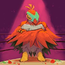 Rule 34 | absurdres, boxing ring, bummerdude, claws, commentary, creature, crossed arms, flower, full body, gen 6 pokemon, hawlucha, highres, looking at viewer, no humans, pokemon, pokemon (creature), red flower, red rose, rose, solo, standing, yellow eyes