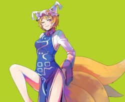 Rule 34 | 1girl, bare legs, blonde hair, dress, fox tail, frills, green background, grimay, hands on ass, hat, leg up, long sleeves, multiple tails, orange hair, short hair, side slit, simple background, smile, solo, standing, standing on one leg, tail, thighs, tight clothes, tight dress, touhou, turtleneck, wide sleeves, yakumo ran