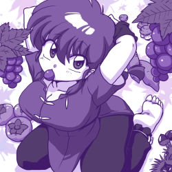 Rule 34 | 1girl, arms up, braid, breasts, chinese clothes, female focus, food, fruit, gender request, genderswap, grapes, kneeling, large breasts, monochrome, ranma-chan, ranma 1/2, saotome ranma, single braid, solo, tangzhuang, tomato, wanta (futoshi), wristband