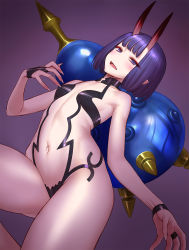 Rule 34 | 1girl, bare shoulders, bob cut, breasts, bridal gauntlets, eyeliner, fang, fate/grand order, fate (series), fingernails, gourd, highres, horns, long fingernails, looking at viewer, makeup, minazuki juuzou, navel, oni, open mouth, pointy ears, purple background, purple eyes, purple hair, revealing clothes, short hair, shuten douji (fate), simple background, skin-covered horns, small breasts, solo, thighs
