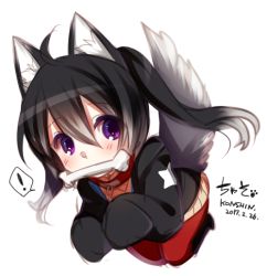 Rule 34 | !, 1girl, ahoge, animal ears, black hair, black hoodie, cartoon bone, collar, commentary request, dated, dog ears, dog tail, hair between eyes, hood, hood down, hoodie, konshin, long sleeves, looking at viewer, mouth hold, original, pantyhose, pleated skirt, purple eyes, red pantyhose, signature, simple background, skirt, sleeves past fingers, sleeves past wrists, solo, spoken exclamation mark, tail, twintails, white background