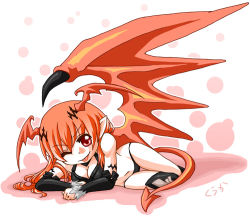 Rule 34 | 1girl, ;p, bare shoulders, breasts, chibi, cleavage, demon girl, elbow gloves, female focus, gloves, long hair, lord of vermilion, navel, one eye closed, orange hair, pointy ears, red eyes, single wing, smile, solo, demon girl, succubus (lord of vermilion), tail, tongue, tongue out, white background, wings, wink