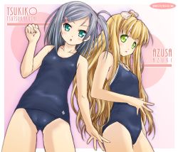 Rule 34 | 10s, 2girls, artist request, azuki azusa, blonde hair, blue one-piece swimsuit, blue school swimsuit, bow, check artist, collarbone, competition school swimsuit, from below, green eyes, grey hair, hair bow, hair ornament, hentai ouji to warawanai neko., highres, long hair, looking at viewer, looking down, mao9721, mao (6r), multiple girls, old school swimsuit, one-piece swimsuit, pink bow, school swimsuit, short hair, swimsuit, tsutsukakushi tsukiko, white bow