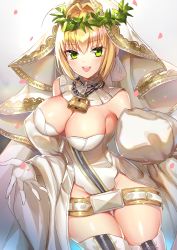 Rule 34 | 1girl, ahoge, bad id, bad pixiv id, bare shoulders, belt, blonde hair, blush, breasts, bridal veil, chain, cleavage, detached collar, dress, elbow gloves, fate/extra, fate/extra ccc, fate (series), full-length zipper, gloves, green eyes, hair between eyes, hair intakes, head wreath, highleg, highleg leotard, highres, kernel killer, large breasts, leotard, lock, long hair, long sleeves, looking at viewer, loose belt, nero claudius (bride) (fate), nero claudius (bride) (third ascension) (fate), nero claudius (fate), nero claudius (fate) (all), open mouth, padlock, petals, smile, solo, strapless, strapless leotard, thighs, veil, wedding dress, white gloves, white leotard, white sleeves, wide sleeves, zipper, zipper pull tab