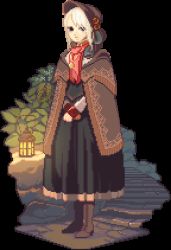 Rule 34 | 1girl, animated, animated gif, black dress, blonde hair, bloodborne, blue eyes, bonnet, boots, bowing, crossed arms, dress, fringe trim, full body, jewelry, lantern, lowres, necklace, path, pixel art, plain doll, red scarf, road, scarf, shawl, shroedinger, solo, standing, swept bangs, transparent background