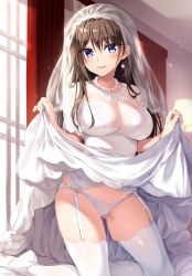 Rule 34 | 1girl, :d, blue eyes, blush, boku no kanojo sensei, bracelet, breasts, bridal veil, bride, brown hair, cameltoe, clothes lift, collarbone, cowboy shot, curtains, day, dress, dress lift, earrings, fingernails, fujiki maka, garter straps, gluteal fold, hair between eyes, highres, indoors, jewelry, large breasts, lens flare, lifting own clothes, long fingernails, long hair, looking at viewer, nail polish, necklace, open mouth, oryo (oryo04), panties, pearl necklace, pink nails, short sleeves, sidelocks, skirt, skirt lift, smile, solo, standing, thighhighs, underwear, veil, wedding dress, white dress, white panties, white thighhighs, window