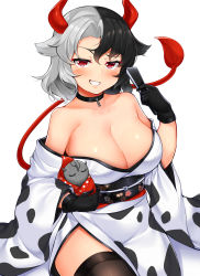 Rule 34 | 1girl, animal print, bare shoulders, black choker, black gloves, black hair, black sash, black thighhighs, blush, breasts, choker, cleavage, collarbone, commentary request, cow horns, cow print, cow tail, daichi (tokoya), folding fan, gloves, grin, hair between eyes, hand fan, hand up, highres, holding, holding fan, horns, japanese clothes, kimono, large breasts, looking at viewer, multicolored hair, obi, off shoulder, partial commentary, red eyes, sash, short hair, silver hair, simple background, smile, solo, split-color hair, tail, thighhighs, touhou, two-tone hair, ushizaki urumi, white background, white kimono