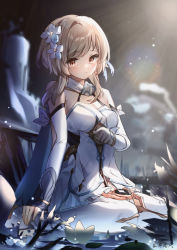 Rule 34 | 1girl, absurdres, bare shoulders, blonde hair, blush, breasts, cleavage, dress, feather hair ornament, feathers, flower, gauntlets, genshin impact, guzangnanfeng, hair flower, hair ornament, highres, kneeling, light particles, looking at viewer, lumine (genshin impact), white dress, yellow eyes