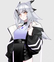 Rule 34 | 1girl, absurdres, ambience synesthesia, arknights, bare shoulders, black jacket, black shorts, cowboy shot, grey background, grey hair, highres, jacket, long hair, long sleeves, looking at viewer, off shoulder, official alternate costume, open clothes, open jacket, parted lips, pointy hair, ptilopsis (arknights), purple shirt, shirt, shorts, sleeveless, sleeveless shirt, solo, standing, yellow eyes, yuki nko64