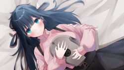 Rule 34 | 1girl, absurdres, amano nene (vtuber), angel, asmr, blue hair, blush, clothing cutout, commission, green eyes, hair rings, highres, long hair, long sleeves, looking at viewer, lowlight1010, pink sweater, production kawaii, skeb commission, skirt, solo, suspender skirt, suspenders, sweater, virtual youtuber, wing hair ornament