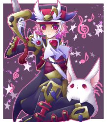 Rule 34 | 1girl, animal ears, boots, bunilla, chain, chestnut mouth, duel monster, fake horns, hat, holding, holding sword, holding weapon, horned headwear, horns, maestroke the symphony devil, maestroke the symphony djinn, male focus, outline, pink hair, purple background, purple eyes, rabbit, rabbit ears, short hair, sitting, sword, weapon, whiskers, yu-gi-oh!, yu-gi-oh! duel monsters
