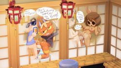 Rule 34 | 2boys, 2girls, animal crossing, animal ears, bench, blonde hair, cat ears, coco (animal crossing), doggystyle, english text, furry, highres, katt (animal crossing), minuspal, multiple boys, multiple girls, nintendo, nipples, open mouth, orange fur, orgasm, rabbit ears, sex, sex from behind, sunglasses, vaginal, villager (animal crossing), water cooler, yellow fur