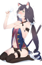 Rule 34 | 1girl, absurdres, animal ear fluff, animal ears, arm garter, bare shoulders, black garter straps, black hair, black panties, black thighhighs, blush, bridal garter, brooch, cat ears, cat girl, cat tail, collared shirt, commentary request, flying sweatdrops, food, full body, garter straps, green eyes, hair between eyes, highres, jewelry, karyl (princess connect!), lace trim, long hair, low twintails, messy, multicolored hair, navel, no pants, no shoes, panties, popsicle, princess connect!, seiza, sexually suggestive, shirt, simple background, single garter strap, sitting, solo, streaked hair, tail, tears, thighhighs, twintails, underwear, very long hair, white background, white hair, yamano (yamanoh)