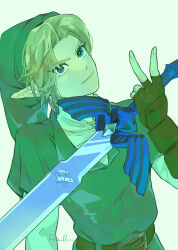 Rule 34 | 1boy, absurdres, artist name, belt, belt buckle, blonde hair, blue eyes, brown belt, brown gloves, buckle, closed mouth, commentary request, earrings, fingerless gloves, gloves, green headwear, green tunic, hand up, hat, head tilt, highres, holding, holding sword, holding weapon, jewelry, layered sleeves, link, long sleeves, looking at viewer, male focus, master sword, nintendo, parted bangs, pointy ears, pra 11, shirt, short hair, short over long sleeves, short sleeves, sidelocks, simple background, smile, solo, sword, the legend of zelda, triforce, tunic, upper body, v, v-shaped eyebrows, weapon, white background, white shirt