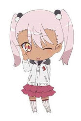 Rule 34 | 1girl, chibi, chloe von einzbern, commentary request, dark-skinned female, dark skin, fate/kaleid liner prisma illya, fate (series), full body, hair between eyes, jacket, long hair, long sleeves, lowres, miniskirt, no nose, official art, one eye closed, pink hair, red skirt, simple background, skirt, solo, standing, thighhighs, tongue, tongue out, twintails, white background, white jacket, white thighhighs, zettai ryouiki