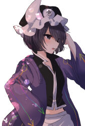Rule 34 | 1other, androgynous, arrow print, black headwear, black shirt, bug, butterfly, collared shirt, commentary request, eyelashes, frilled hat, frills, hand on own head, hand on own hip, hat, highres, hood, hood down, hooded jacket, insect, jacket, len&#039;en, light blush, long sleeves, looking ahead, midriff, mob cap, open clothes, open jacket, open mouth, ougi hina, purple hair, purple jacket, shirt, shitodo kuroji, short hair, shorts, solo, teeth, triangular headpiece, upper teeth only, v-neck, white background, white shorts, white trim, wide sleeves