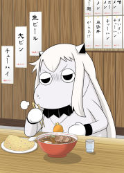 Rule 34 | (o) (o), 10s, abyssal ship, bowl, chopsticks, commentary request, food, fried rice, holding, horns, kantai collection, mittens, moomin, muppo, noodles, northern ocean princess, ramen, sazanami konami, sweat, translation request, truth