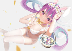 Rule 34 | 1girl, absurdres, animal ears, arm up, armpits, bare shoulders, basket, bikini, blue hair, blush, bow, bowtie, bra, breasts, cleavage, closed mouth, colored inner hair, dutch angle, easter egg, egg, fake animal ears, falling petals, flower, fur-trimmed bra, fur-trimmed panties, fur trim, grey background, hair between eyes, hair flower, hair ornament, head wreath, highres, hololive, large breasts, long hair, looking at viewer, minato aqua, multicolored hair, navel, panties, petals, purple eyes, purple hair, rabbit ears, rabbit pose, shokorate, side-tie panties, simple background, skindentation, smile, solo, stomach, swept bangs, swimsuit, thighhighs, twintails, two-tone hair, underwear, very long hair, virtual youtuber, white bikini, white bra, white panties, white thighhighs, wrist cuffs, yellow bow, yellow bowtie