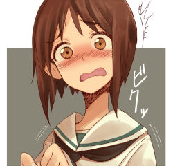 Rule 34 | 10s, 1girl, ^^^, bad id, bad nicoseiga id, black neckerchief, blouse, blush, brown eyes, brown hair, commentary, frown, girls und panzer, long sleeves, looking at viewer, motion lines, neckerchief, nishizumi miho, ooarai school uniform, open mouth, own hands together, portrait, scared, school uniform, serafuku, shirt, short hair, solo, suo (sndrta2n), wavy mouth, white shirt