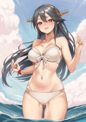 Rule 34 | 1girl, ayamo kaoru, bikini, black hair, breasts, brown eyes, cleavage, cloud, collarbone, commission, gluteal fold, haruna (kancolle), highres, holding, kantai collection, large breasts, long hair, navel, open mouth, sarong, skeb commission, sky, solo, swimsuit, wading, water, wet, white bikini