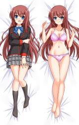 Rule 34 | 1girl, :o, a-chan (little busters!), arm under breasts, bare legs, barefoot, bed sheet, black jacket, black socks, blue bow, blue bowtie, blue eyes, blush, bow, bowtie, bra, breasts, brown hair, cleavage, closed mouth, collared shirt, commentary request, commission, curvy, dakimakura (medium), embarrassed, from above, full body, grabbing own arm, grey skirt, hair between eyes, hair spread out, hands up, highres, jacket, kneehighs, knees together feet apart, large breasts, legs together, little busters!, little busters! school uniform, long hair, long sleeves, looking at viewer, lying, miniskirt, multiple views, navel, no shoes, nose blush, on back, open mouth, panties, pink bra, pink panties, pixiv commission, plaid clothes, plaid skirt, pleated skirt, raised eyebrows, school uniform, shiny skin, shirt, sidelocks, skirt, socks, split mouth, stomach, tamba i, thigh gap, underwear, underwear only, very long hair, w arms, wavy mouth, white shirt