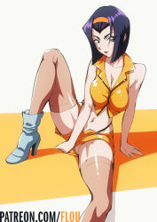 Rule 34 | 1girl, ankle boots, arm support, bare arms, bare shoulders, boots, breasts, brown thighhighs, cleavage, cowboy bebop, facing viewer, faye valentine, female focus, flou (flou art), green eyes, headband, high heel boots, high heels, highres, knee up, lipstick, looking at viewer, makeup, medium breasts, midriff, panties, panty peek, purple hair, red lips, revealing clothes, shorts, simple background, sitting, solo, stomach, suspenders, tagme, thighhighs, two-tone background, underwear, white background, yellow background, yellow headband, yellow shorts