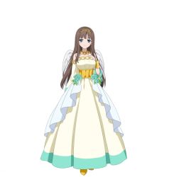 Rule 34 | 10s, 1girl, accel world, blue eyes, bracelet, brown hair, detached sleeves, dress, feathered wings, full body, hair ornament, jewelry, kurasaki fuuko, long hair, looking at viewer, necklace, official art, simple background, sleeveless, sleeveless dress, smile, solo, standing, strapless, strapless dress, very long hair, white background, white wings, wings