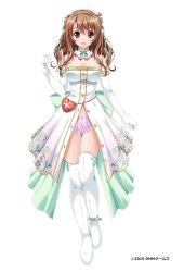 Rule 34 | 1girl, bare shoulders, blush, breasts, brown eyes, brown hair, choker, cleavage, copyright name, detached collar, dress, elbow gloves, flower knight girl, gloves, hair ribbon, highres, large breasts, long hair, looking at viewer, nazuna (flower knight girl), official art, open mouth, panties, pink skirt, ribbon, see-through, sennri sabanegi, simple background, skirt, smile, solo, strapless, strapless dress, thighhighs, underwear, white background, white gloves, white thighhighs