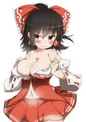 Rule 34 | &gt;:(, 1girl, absurdres, bare shoulders, belly, black hair, blush, body blush, bow, breasts, brown eyes, brown hair, cleavage, collarbone, d:, d:&lt;, detached sleeves, frown, hair bow, hair ribbon, hair tubes, hakurei reimu, highres, large breasts, looking at viewer, miniskirt, navel, open clothes, open mouth, open shirt, parted lips, ribbon, sagging breasts, shirt, short hair, skirt, solo, sweat, takimoto yukari, touhou, undressing, v-shaped eyebrows